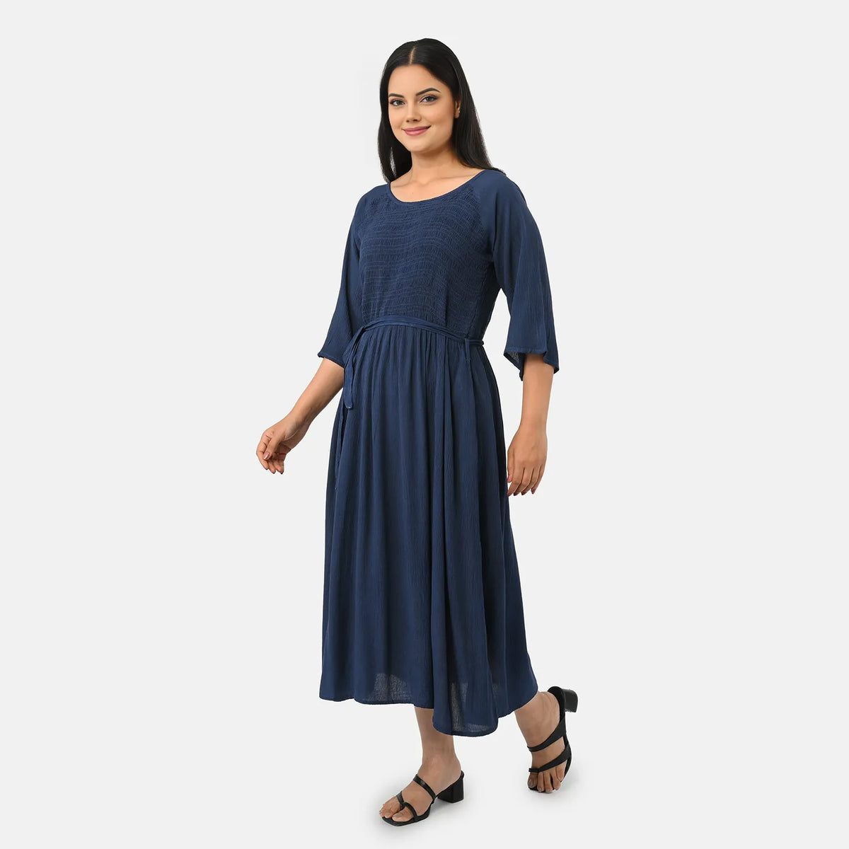 &amp; Maisi Smocked Crepe Midi Dress With Waist Belt And Pockets (One Size) - Navy Blue V32699440 2
