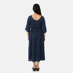 & Maisi Smocked Crepe Midi Dress With Waist Belt And Pockets (One Size) - Navy Blue_8243895_2