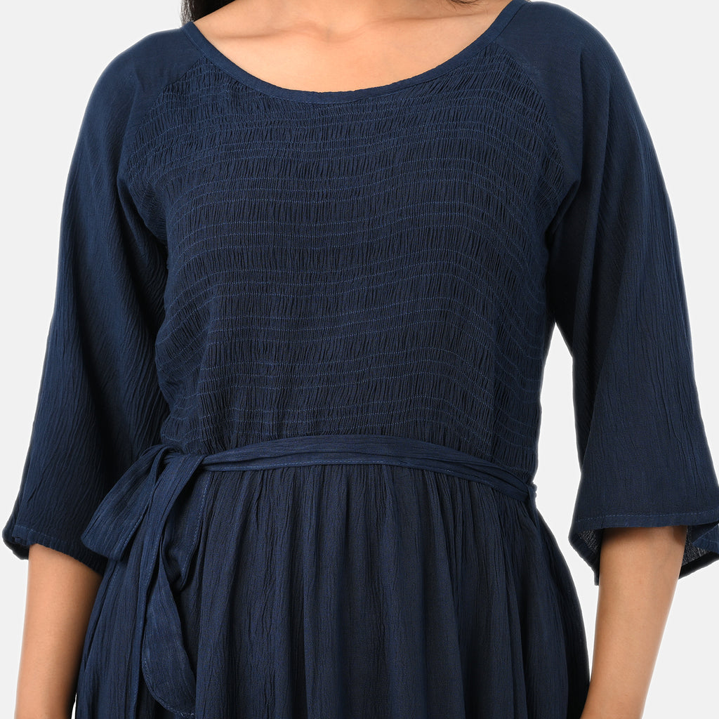 & Maisi Smocked Crepe Midi Dress With Waist Belt And Pockets (One Size) - Navy Blue_8243895_4