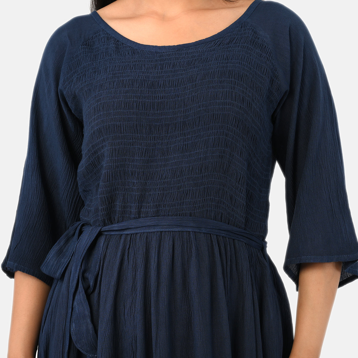 &amp; Maisi Smocked Crepe Midi Dress With Waist Belt And Pockets (One Size) - Navy Blue V32699440 5