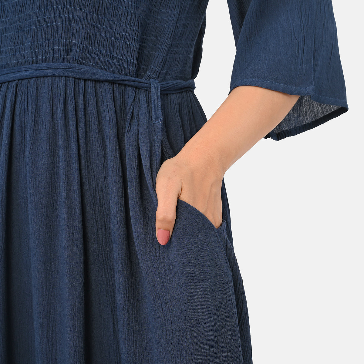 &amp; Maisi Smocked Crepe Midi Dress With Waist Belt And Pockets (One Size) - Navy Blue V32699440 6