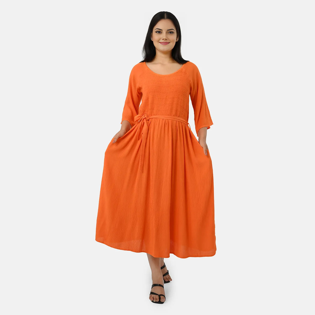 &amp; Maisi Smocked Crepe Midi Dress With Waist Belt And Pockets (One Size) - Orange V32699334 0