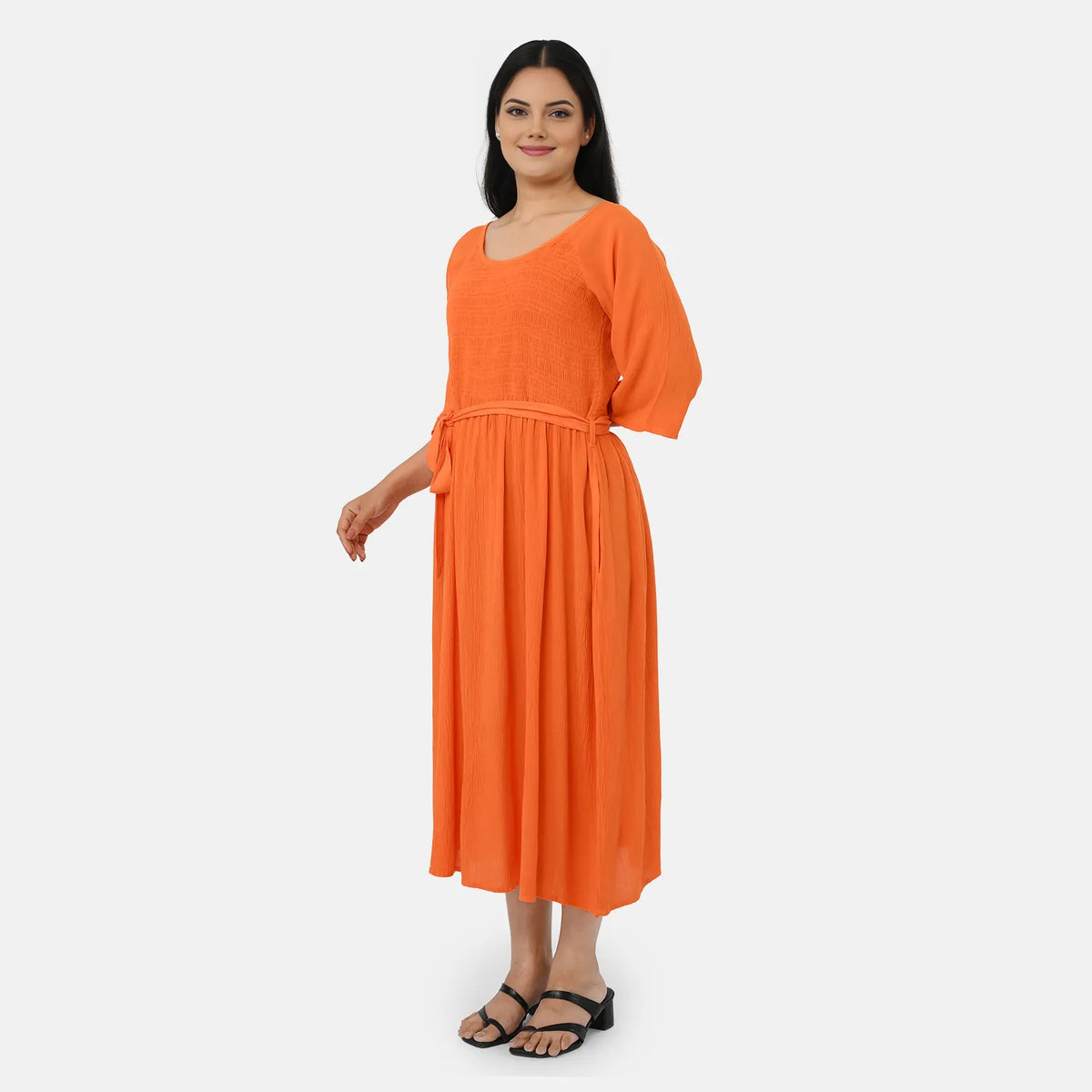 &amp; Maisi Smocked Crepe Midi Dress With Waist Belt And Pockets (One Size) - Orange V32699334 2