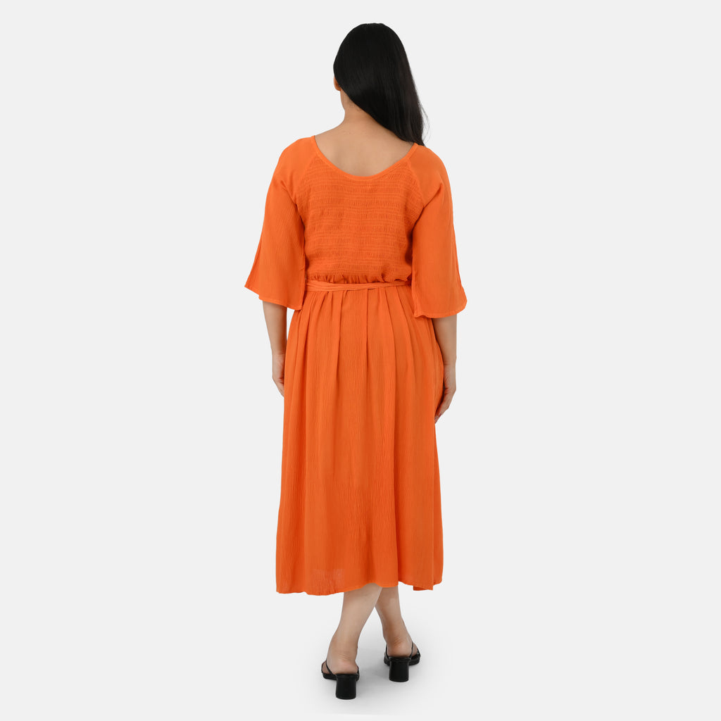 & Maisi Smocked Crepe Midi Dress With Waist Belt And Pockets (One Size) - Orange_8243901_2