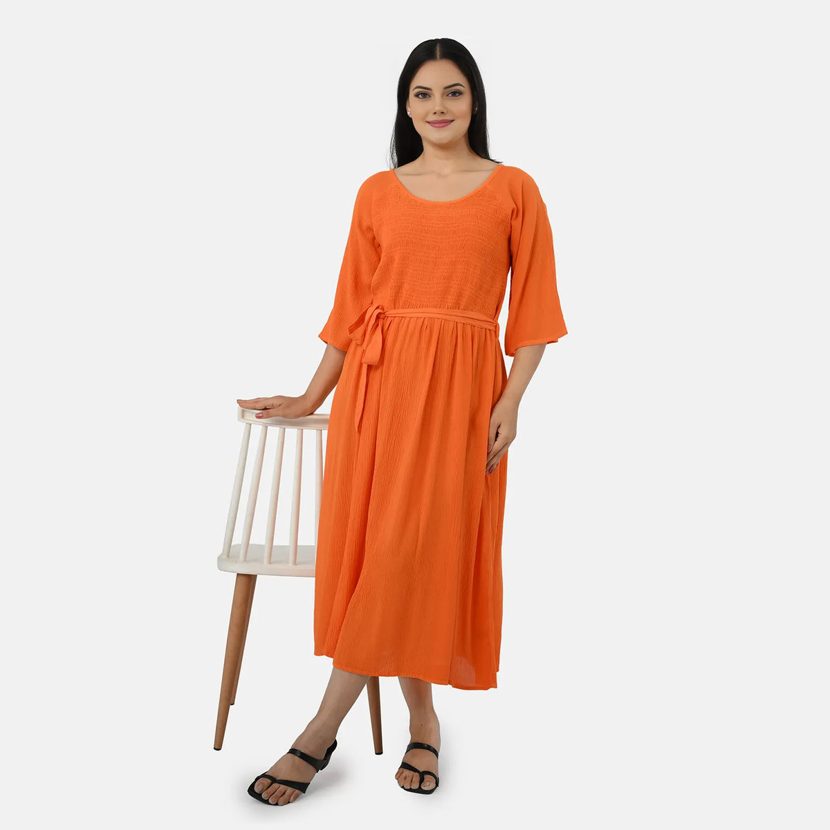 &amp; Maisi Smocked Crepe Midi Dress With Waist Belt And Pockets (One Size) - Orange V32699334 4