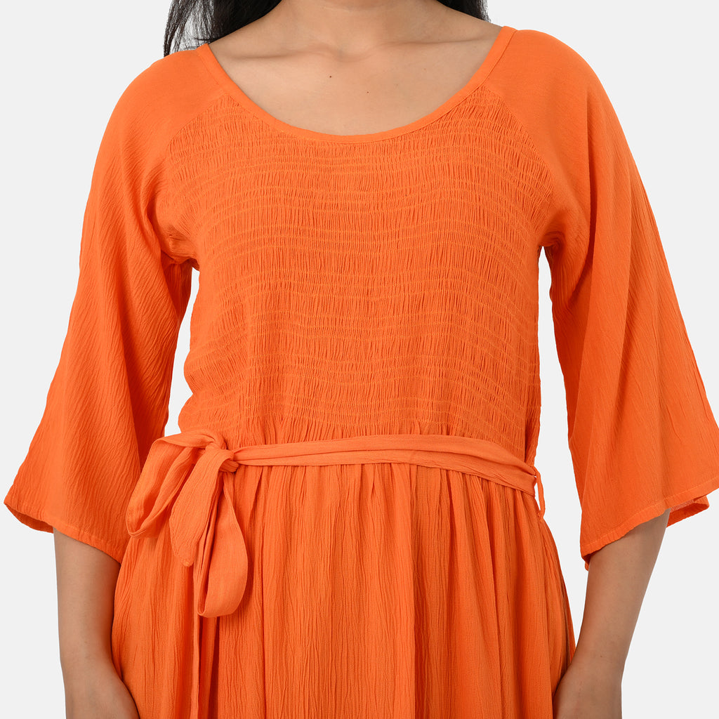 & Maisi Smocked Crepe Midi Dress With Waist Belt And Pockets (One Size) - Orange_8243901_4