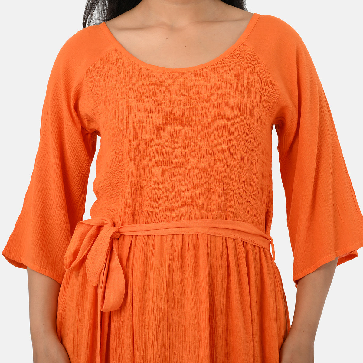 &amp; Maisi Smocked Crepe Midi Dress With Waist Belt And Pockets (One Size) - Orange V32699334 5