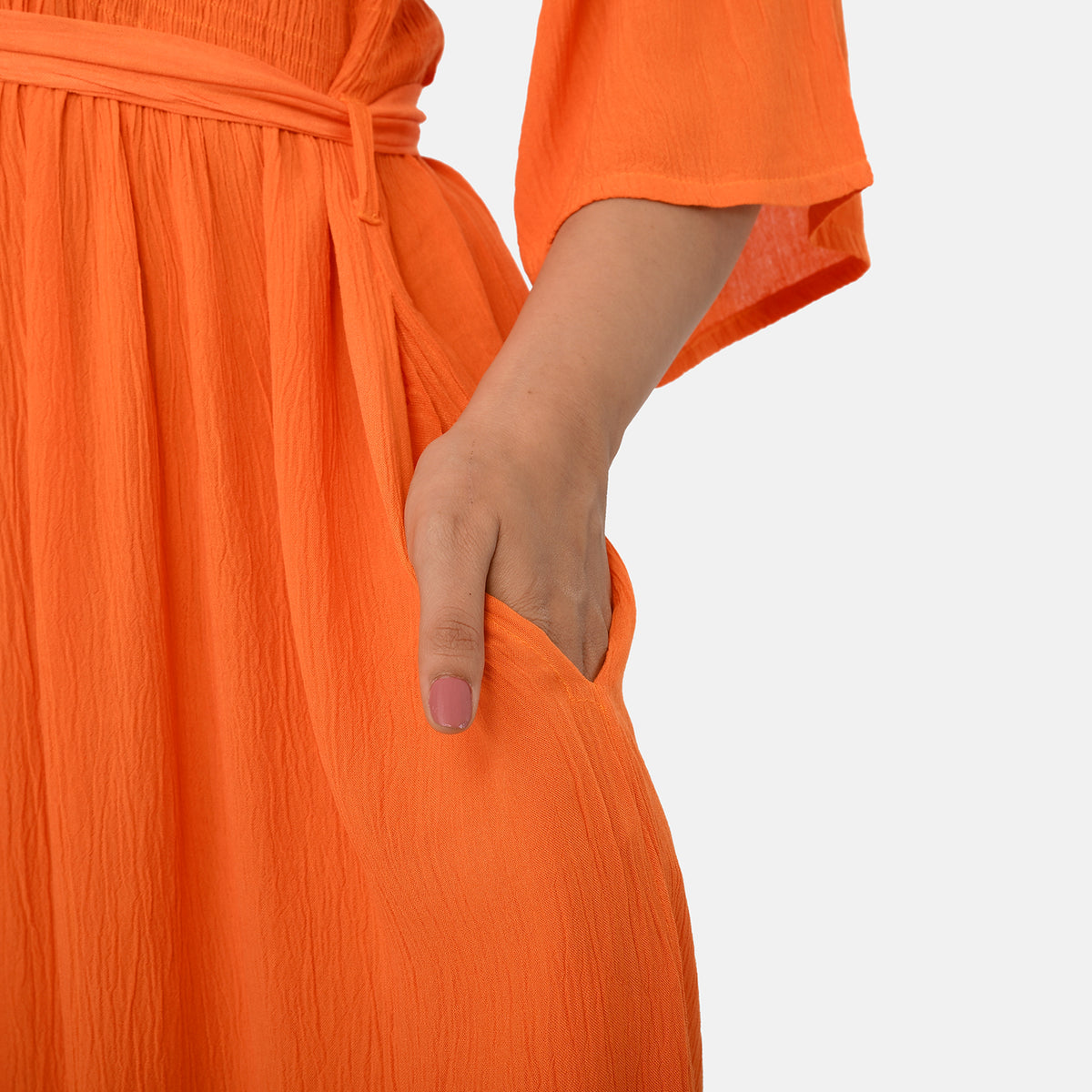 &amp; Maisi Smocked Crepe Midi Dress With Waist Belt And Pockets (One Size) - Orange V32699334 6
