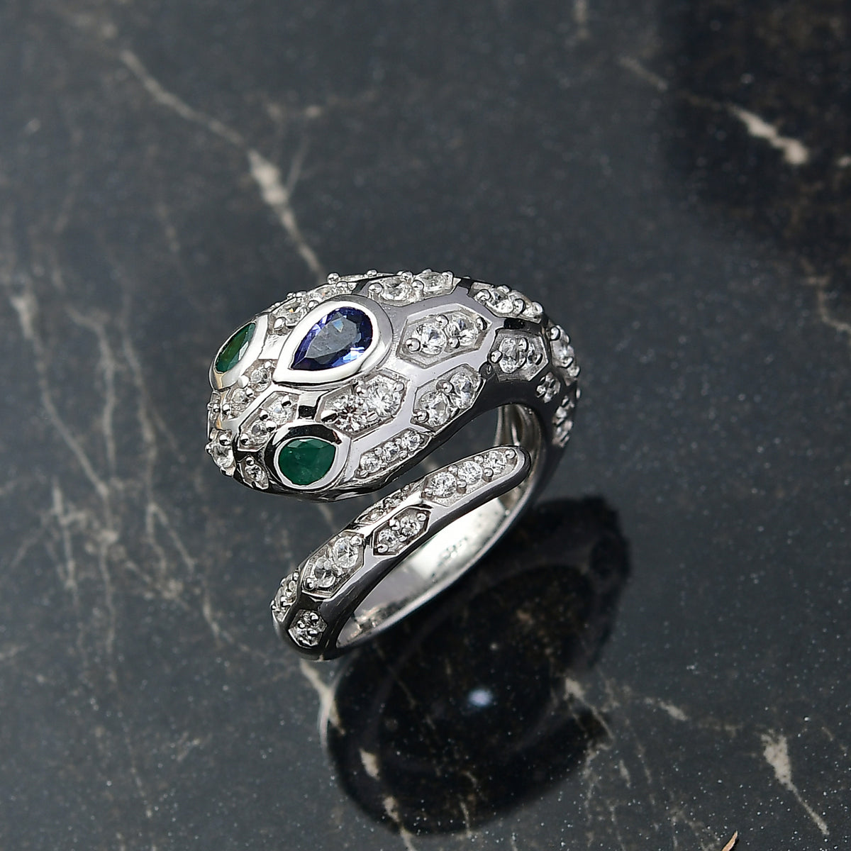 D'Joy Tanzanite, White Zircon &amp; Zambian Emerald Serpentine Ring in Rhodium Overlay Sterling Silver 2.56 Ct. V32524828 2