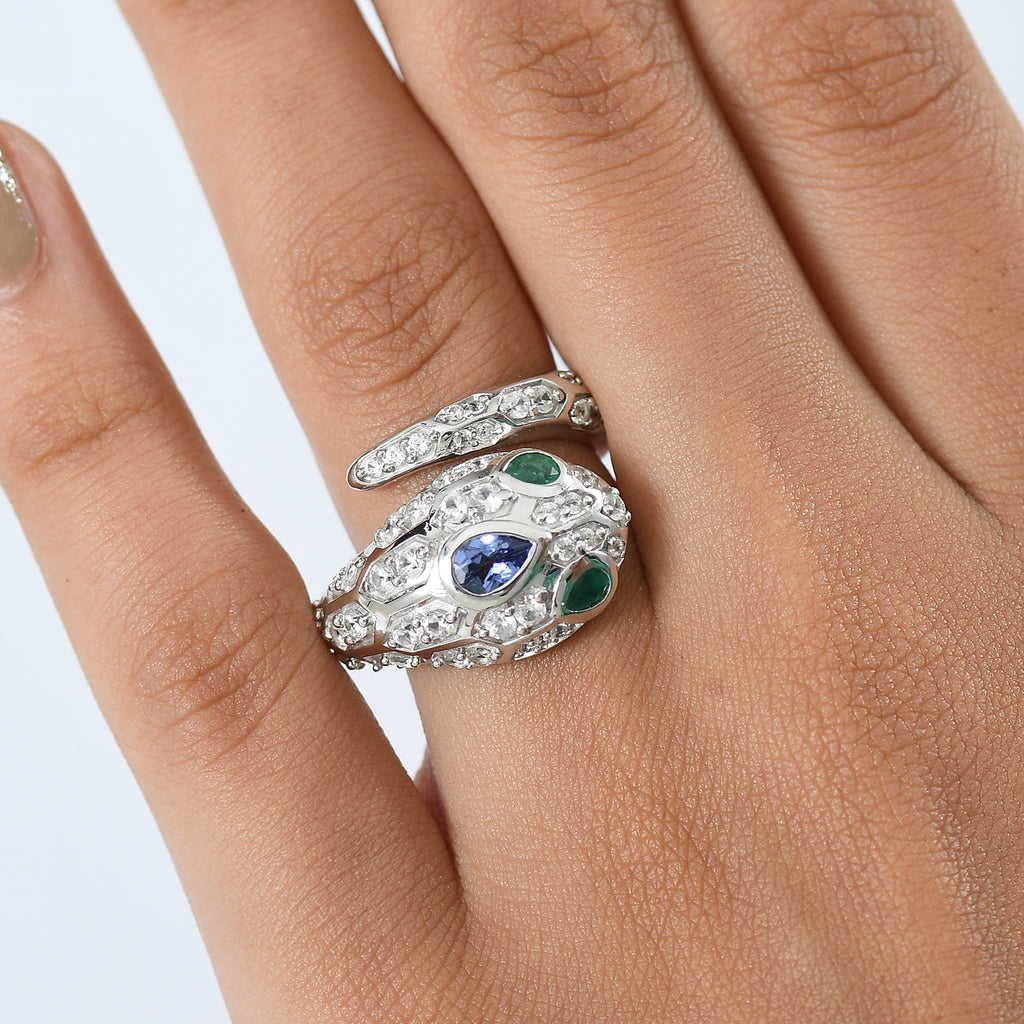D'Joy Tanzanite, White Zircon & Zambian Emerald Serpentine Ring in Rhodium Overlay Sterling Silver 2.56 Ct._8243915_2
