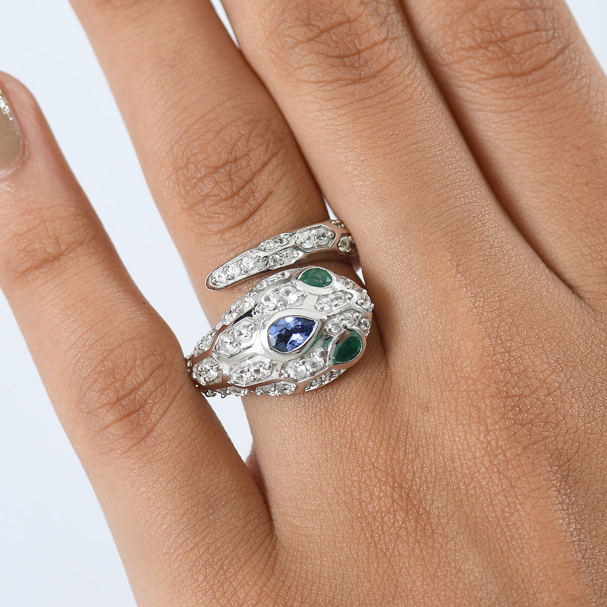 D'Joy Tanzanite, White Zircon &amp; Zambian Emerald Serpentine Ring in Rhodium Overlay Sterling Silver 2.56 Ct. V32524828 3