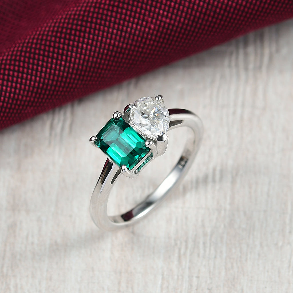 D'Joy - Lab Grown Emerald & Moissanite Toi-et-Moi Ring in Rhodium Overlay Sterling Silver 1.58 Ct._8244399_1