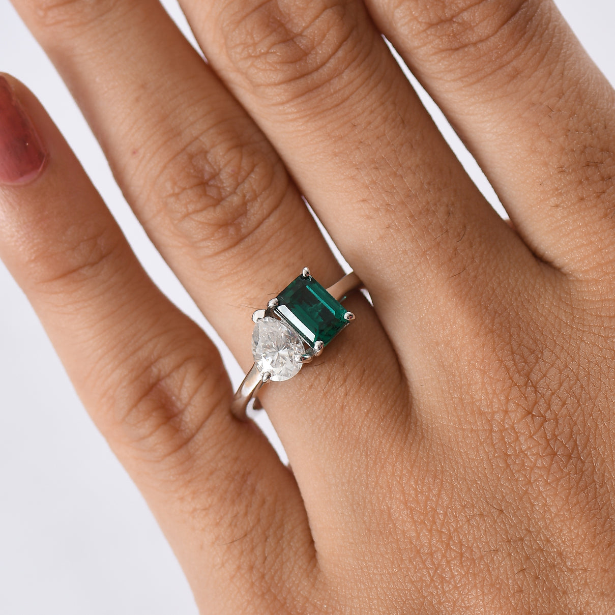 Toi Et Moi D'Joy Lab Grown Emerald, Moissanite Ring in Rhodium Overlay Sterling Silver 1.69 Ct. V32514402 3