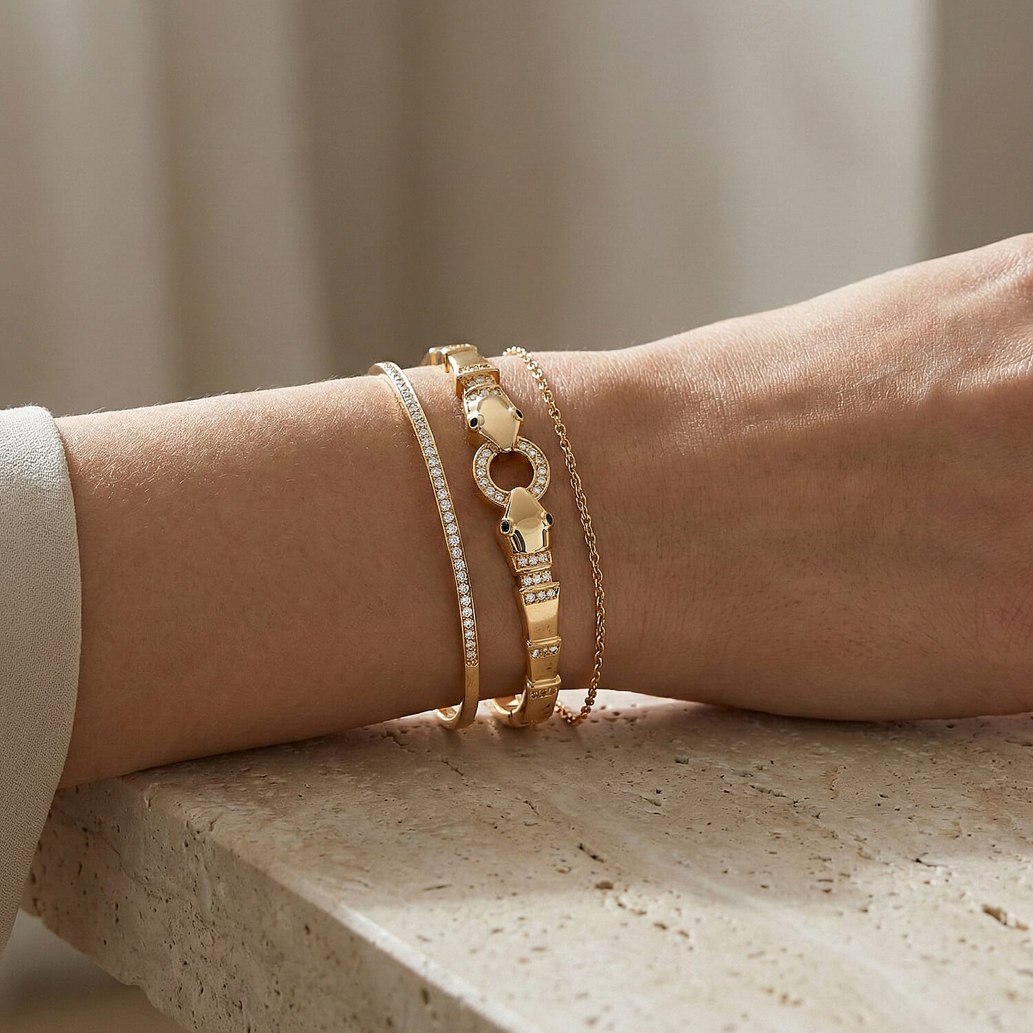 Biacco Collection - Austrian White Crystal &amp; Austrian Black Crystal Bangle (Size 7.5) in Yellow Gold Plated V32532366 3