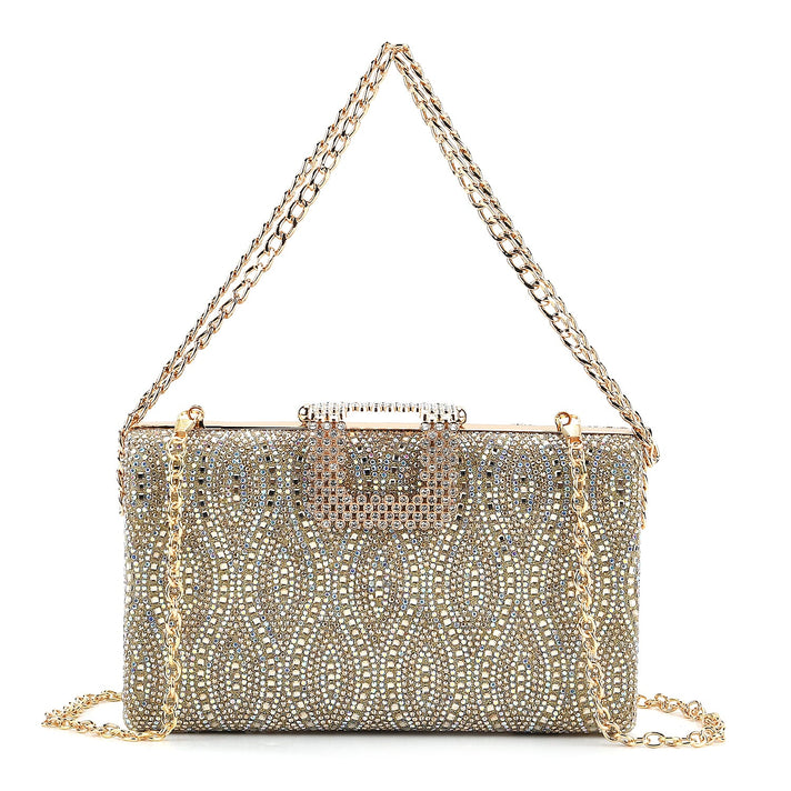 CLOSEOUT DEAL - Crystal Embellished Evening Clutch Bag with Metallic Chain Strap - Gold 8244554 1
