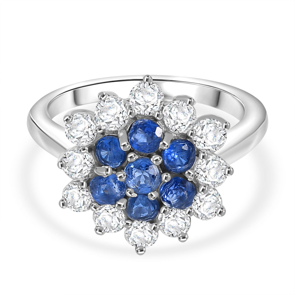 Natural Kashmir Kyanite & White Zircon Cluster Ring in Platinum Overlay Sterling Silver 3.11 Ct._8244954