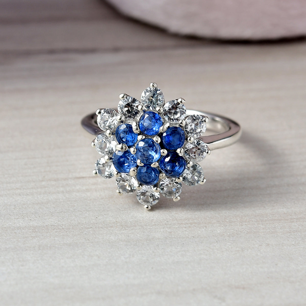 Natural Kashmir Kyanite &amp; White Zircon Cluster Ring in Platinum Overlay Sterling Silver 3.11 Ct. V32701644 8