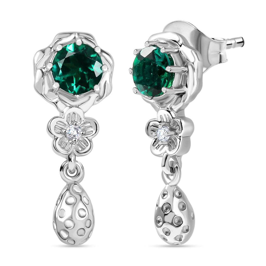 Lab Grown Emerald & White Zircon Dangling Earring in Rhodium Overlay Sterling Silver_8245058