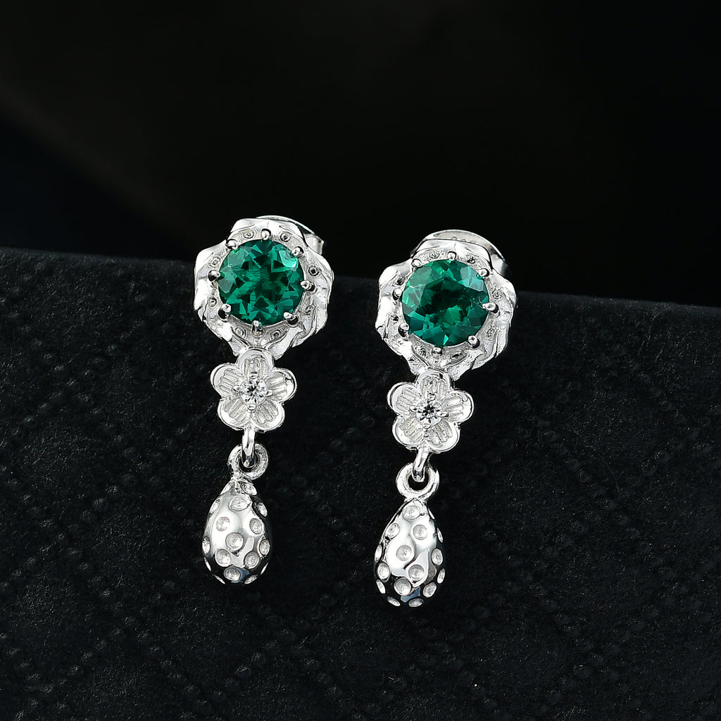 Lab Grown Emerald & White Zircon Dangling Earring in Rhodium Overlay Sterling Silver_8245058_1