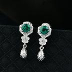 Lab Grown Emerald & White Zircon Dangling Earring in Rhodium Overlay Sterling Silver_8245058_1