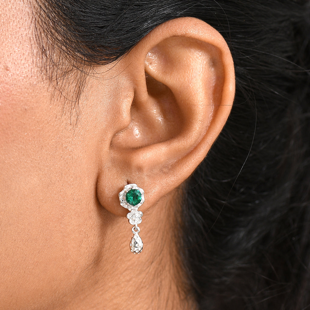 Lab Grown Emerald & White Zircon Dangling Earring in Rhodium Overlay Sterling Silver_8245058_2