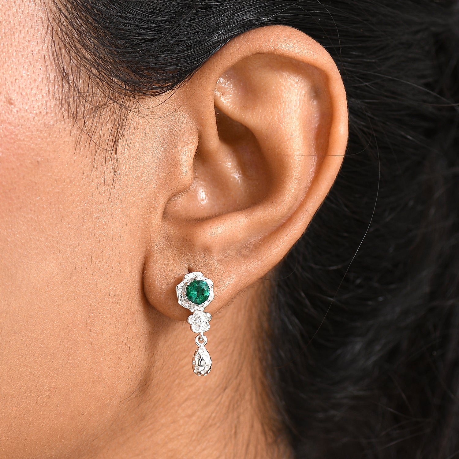 D'joy Lab Grown Emerald, White Zircon Floral Dangle Earring in Rhodium Overlay Sterling Silver 8245058 3