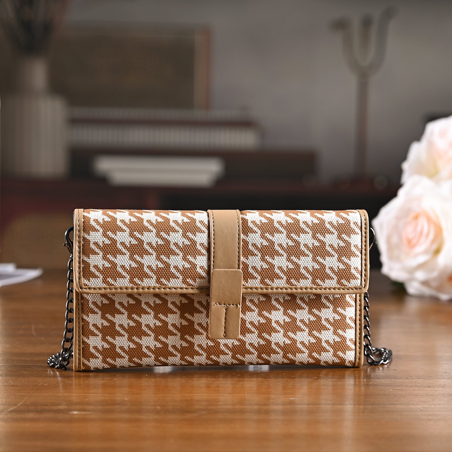 La Marey Genuine Leather Checkered Pattern RFID Crossbody Wallet - Dark Beige V32525205 2