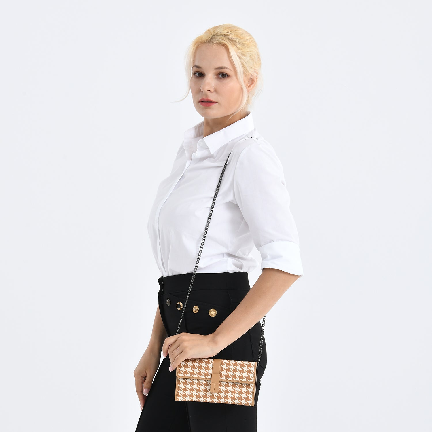 La Marey Genuine Leather Checkered Pattern RFID Crossbody Wallet - Dark Beige V32525205 3