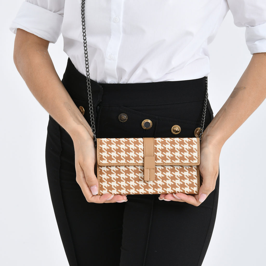 La Marey Genuine Leather Checkered Pattern RFID Crossbody Wallet - Dark Beige_8245115_3