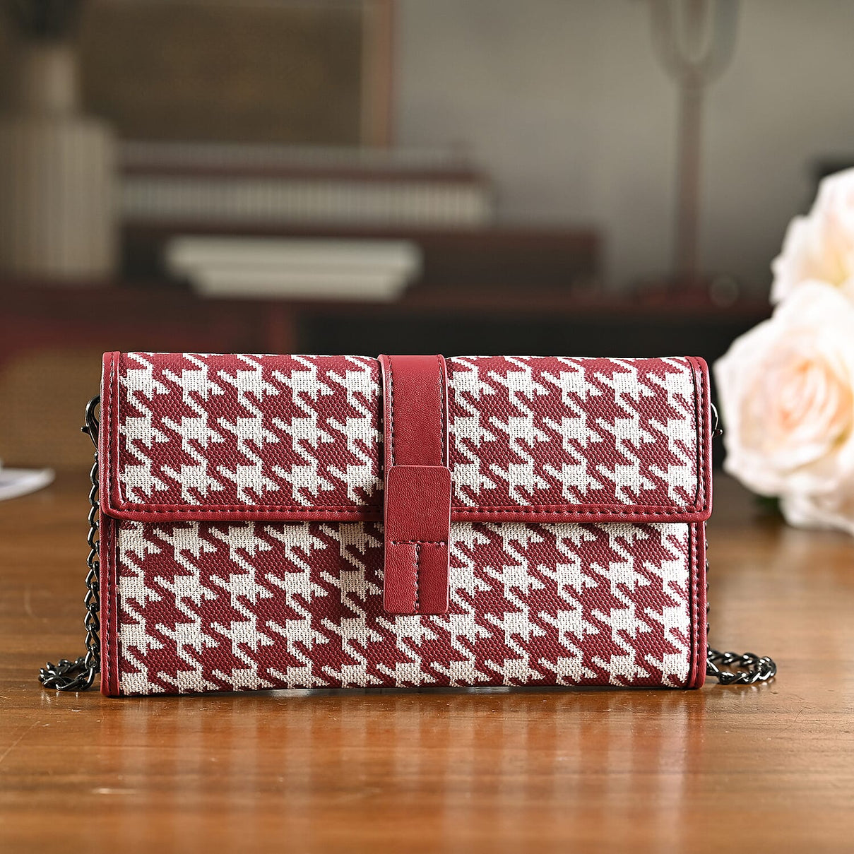 La Marey Genuine Leather Checkered Pattern RFID Crossbody Wallet - Red V32525011 2