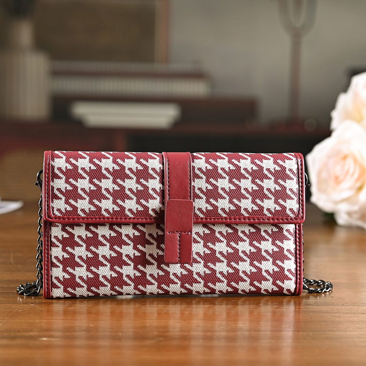 La Marey Genuine Leather Checkered Pattern RFID Crossbody Wallet - Red V32525011 2
