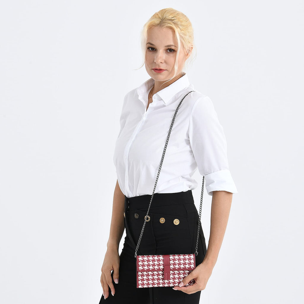 La Marey Genuine Leather Checkered Pattern RFID Crossbody Wallet - Red_8245116_2