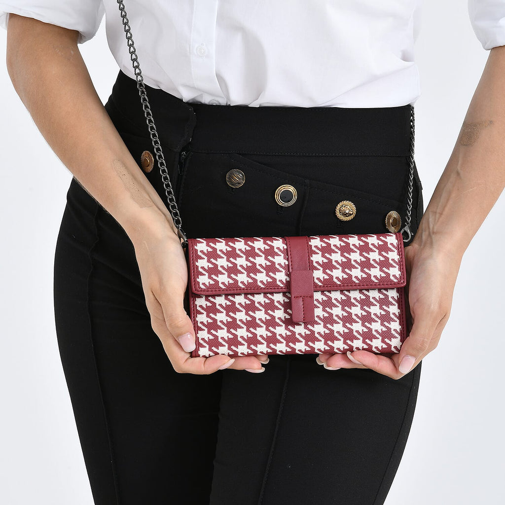 La Marey Genuine Leather Checkered Pattern RFID Crossbody Wallet - Red_8245116_3