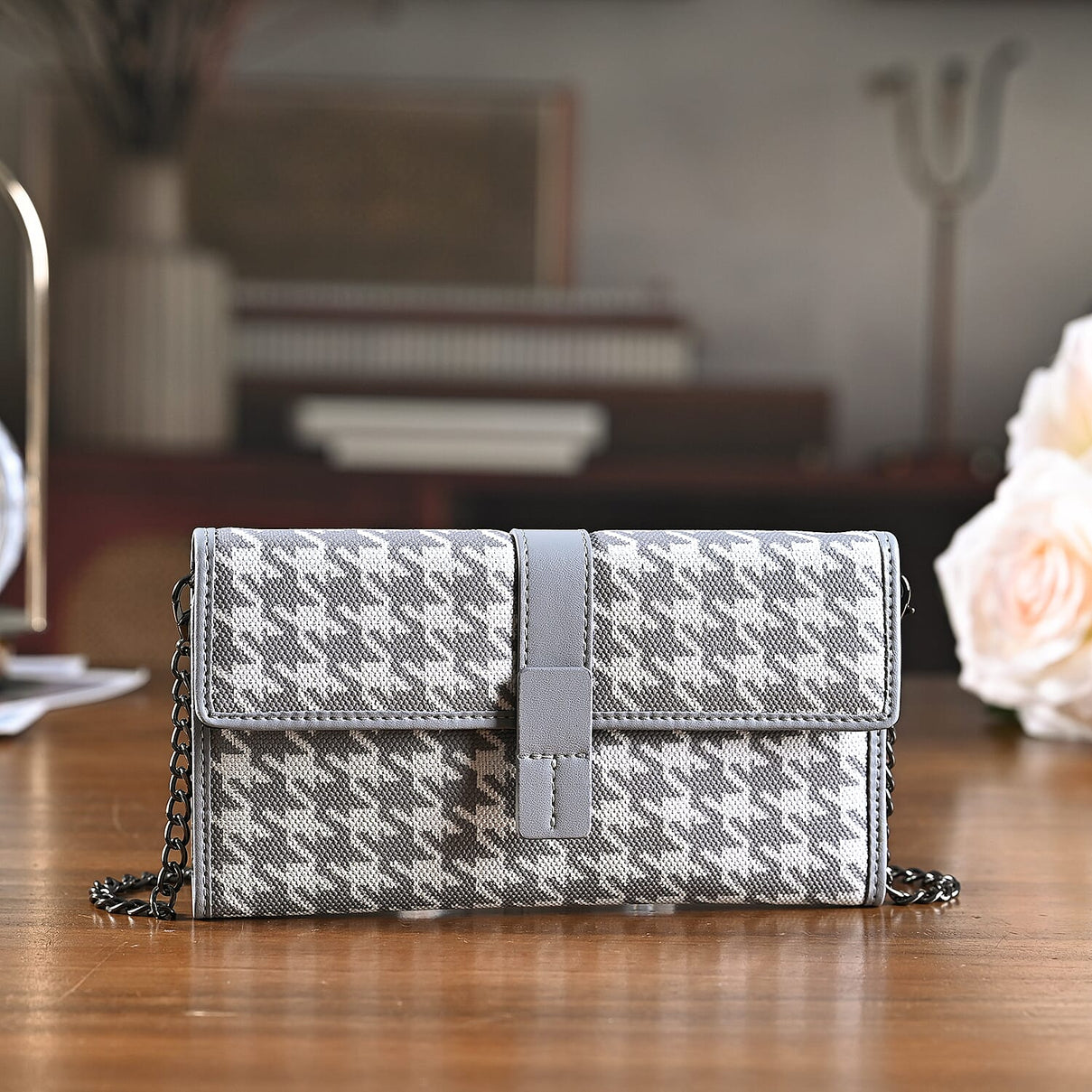La Marey Genuine Leather Checkered Pattern RFID Crossbody Wallet - Grey V32524240 2