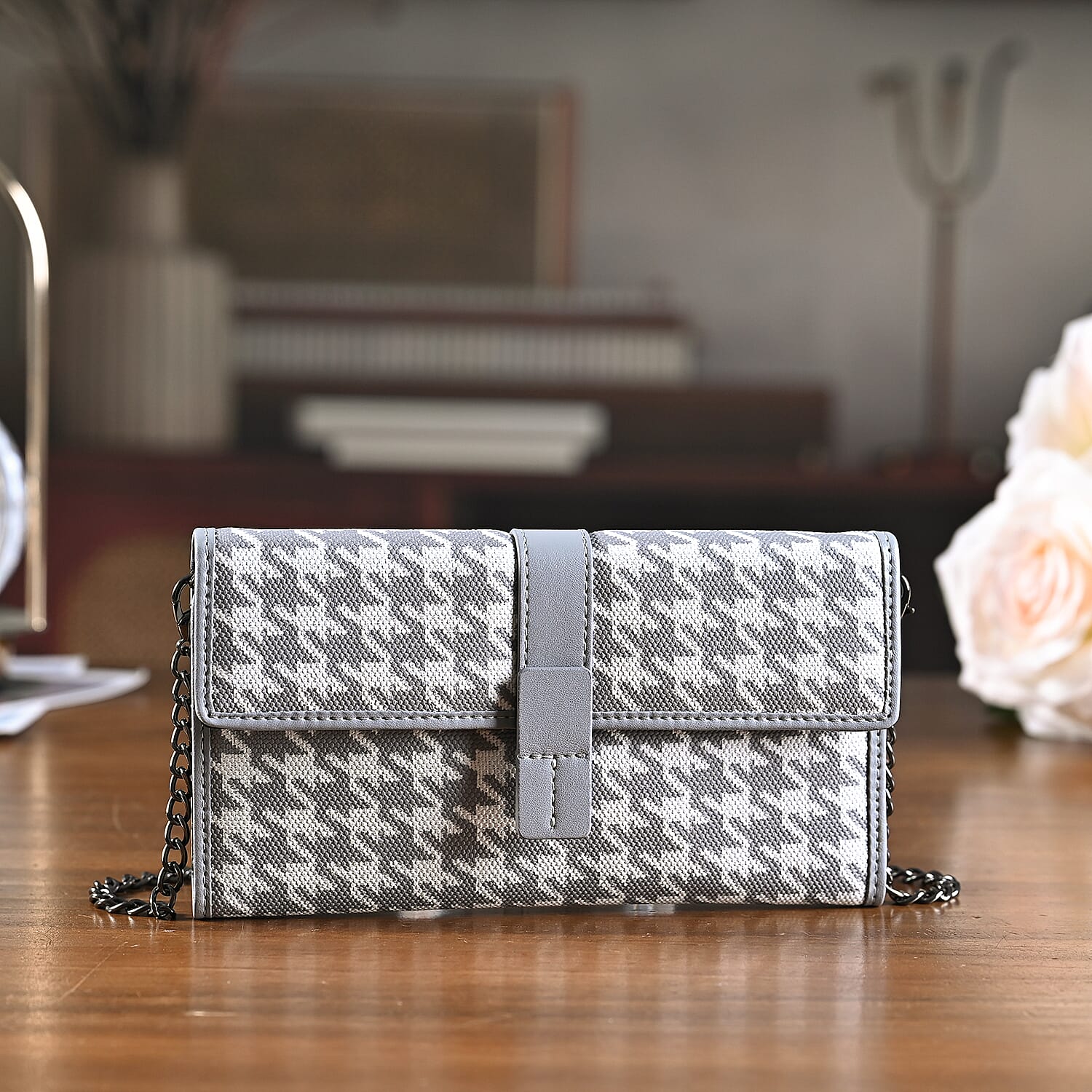 La Marey Genuine Leather Checkered Pattern RFID Crossbody Wallet - Grey V32524240 2
