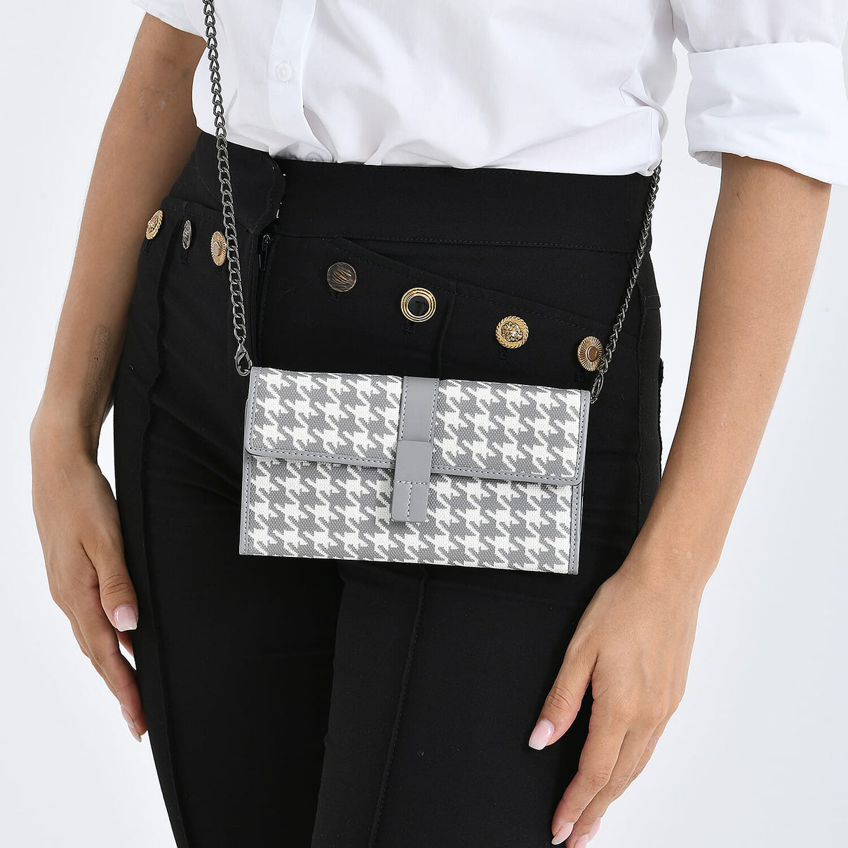 La Marey Genuine Leather Checkered Pattern RFID Crossbody Wallet - Grey V32524240 4
