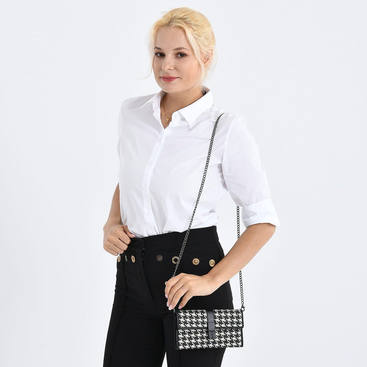 La Marey Genuine Leather Checkered Pattern RFID Crossbody Wallet  - Black V32514482 3