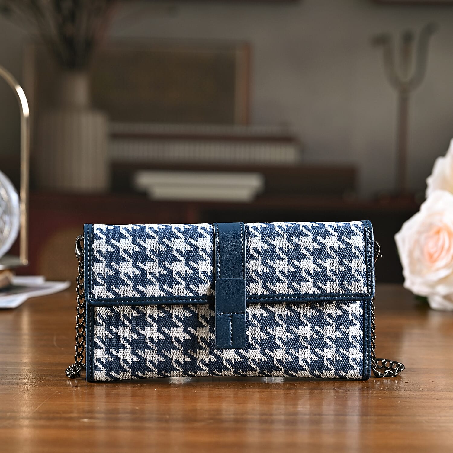La Marey Genuine Leather Checkered Pattern RFID Crossbody Wallet  - Blue V32523645 2