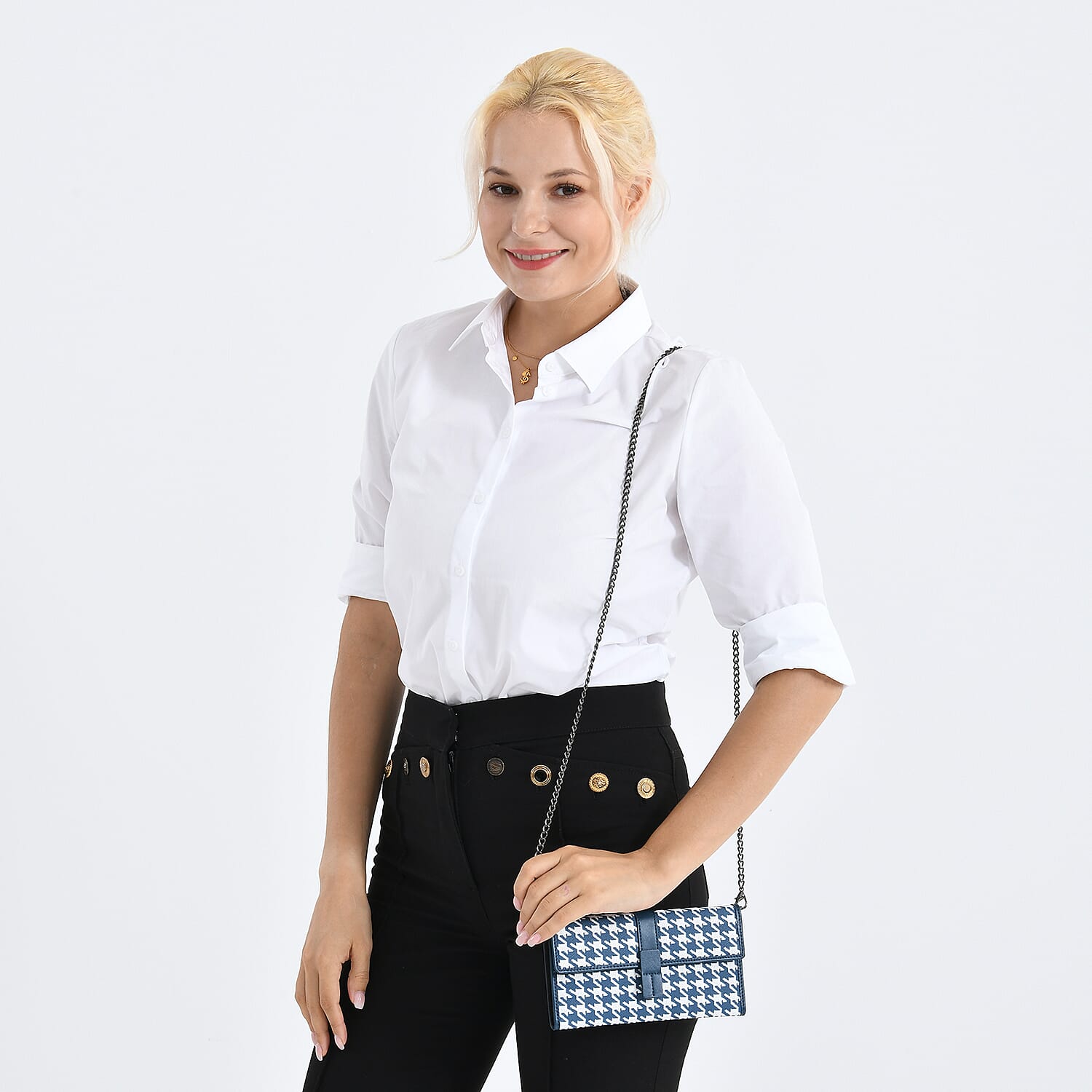 La Marey Genuine Leather Checkered Pattern RFID Crossbody Wallet  - Blue V32523645 3