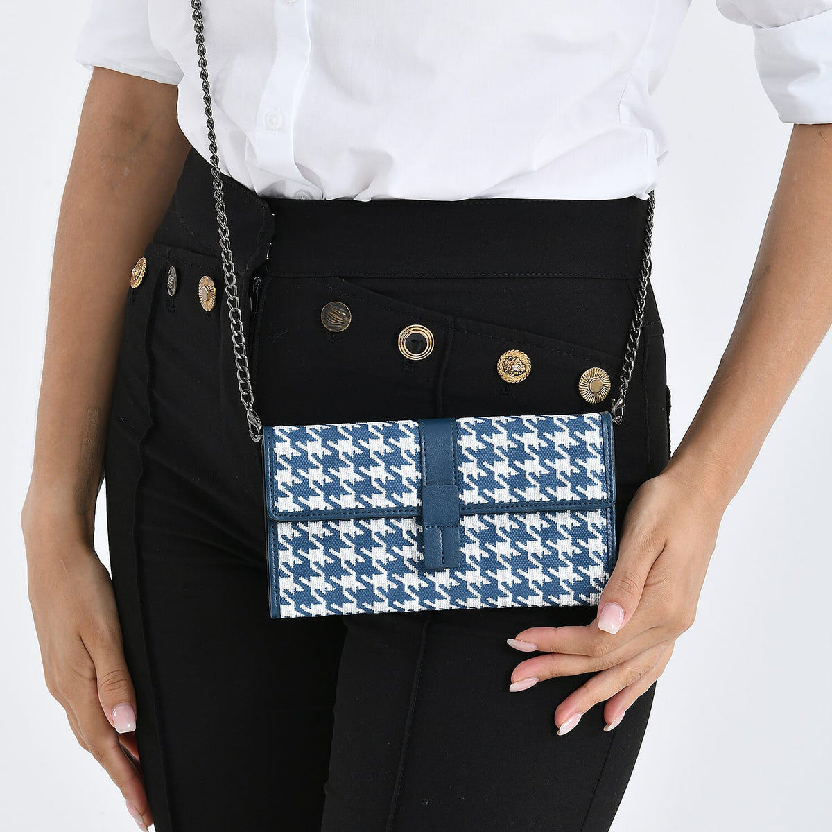 La Marey Genuine Leather Checkered Pattern RFID Crossbody Wallet  - Blue V32523645 4