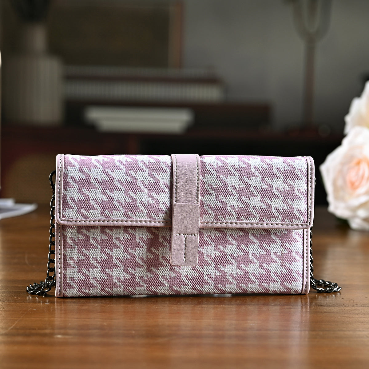 La Marey Genuine Leather Checkered Pattern RFID Crossbody Wallet  - Pink V32534385 2