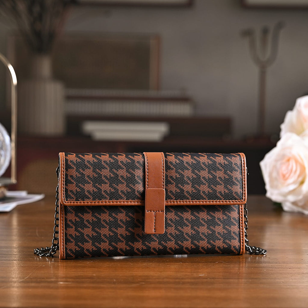 La Marey Genuine Leather Checkered Pattern RFID Crossbody Wallet  - Brown_8245125_1