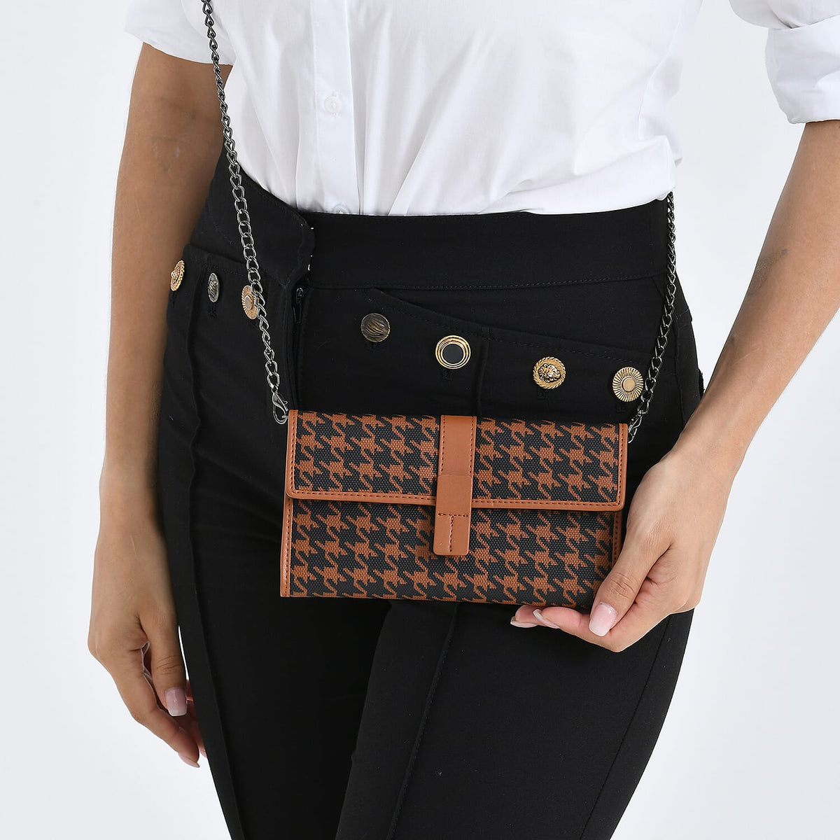 La Marey Genuine Leather Checkered Pattern RFID Crossbody Wallet  - Brown V32525742 4