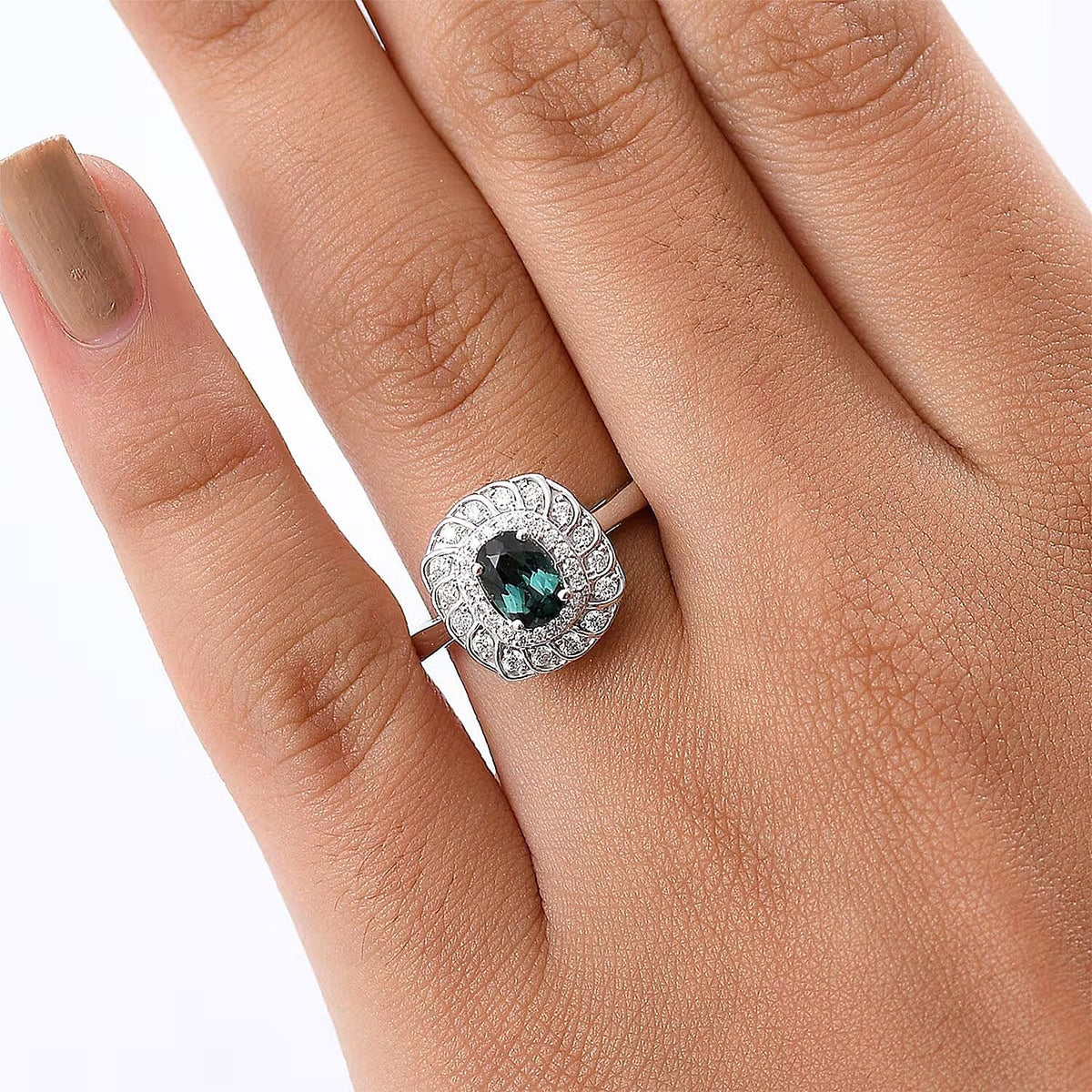 Certified and Appraised LUXORO AAA Lagoon Tourmaline, White Diamond I2 Main Stone With Side Stone Ring in 10K White Gold, Gold Wt.3.36 Gms  1.080  Ct. 8245616 1