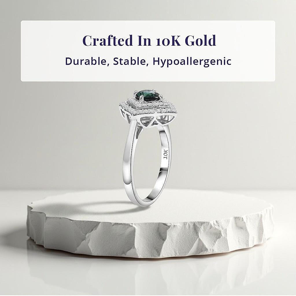 Certified and Appraised LUXORO AAA Lagoon Tourmaline, White Diamond I2 Main Stone With Side Stone Ring in 10K White Gold, Gold Wt.3.12 Gms  1.210  Ct. 8246532 3
