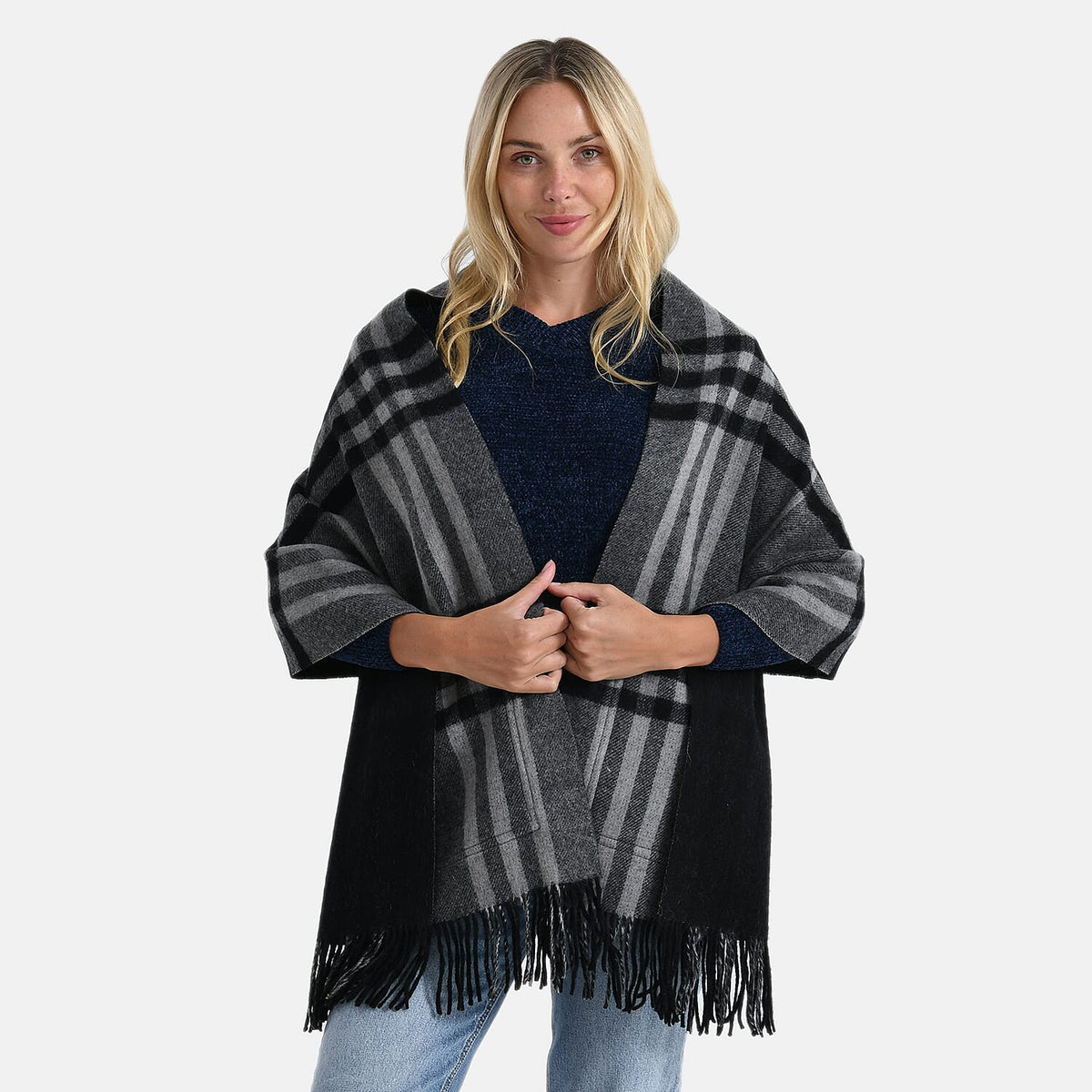 La Marey 100% Merino Wool Checked Scarf (190 x 50 cm) - Black V32528578 3