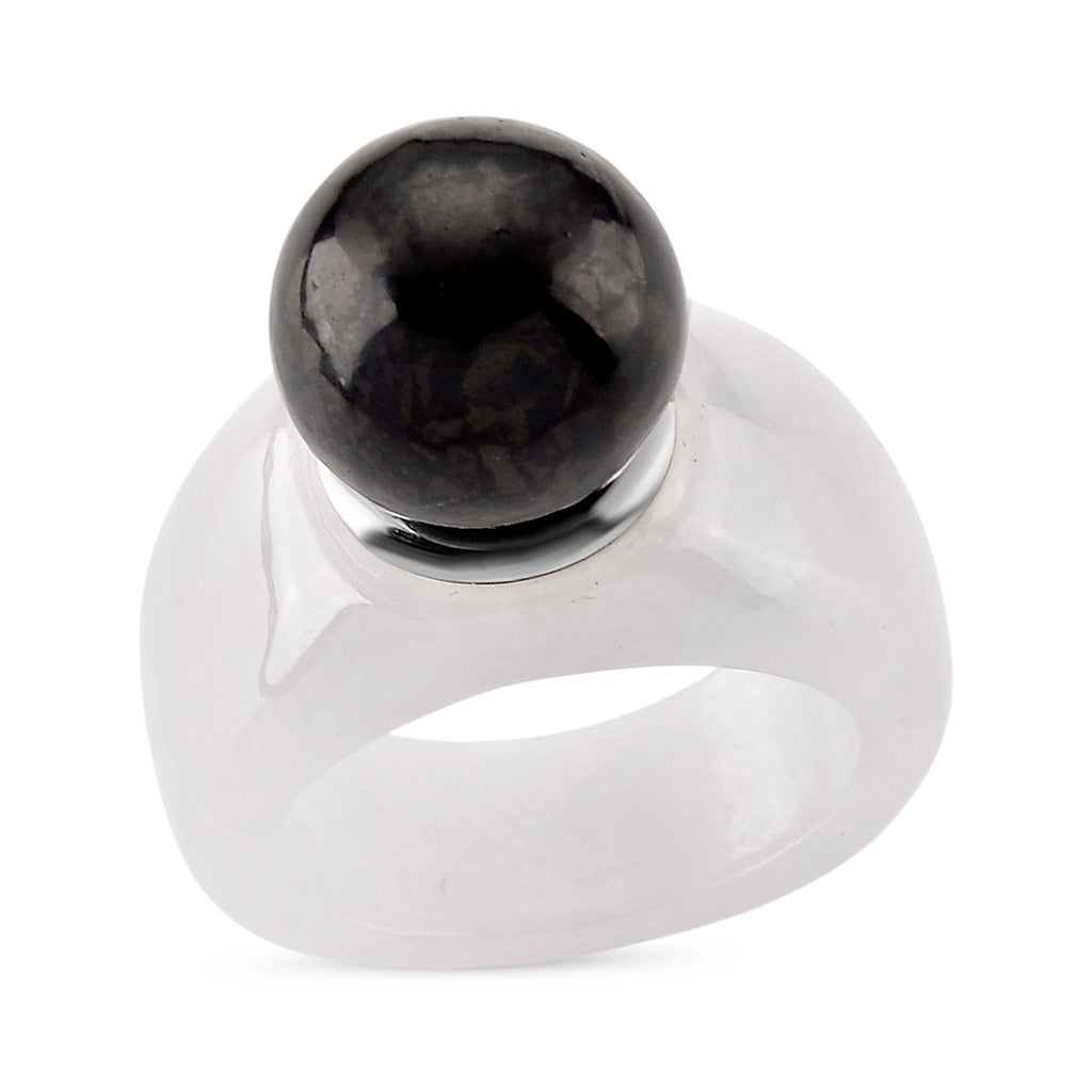 D'Joy Shungite & Natural Type A Jadeite Solitaire Band Ring in Rhodium Overlay Sterling Silver 30.75 Ct._8248801