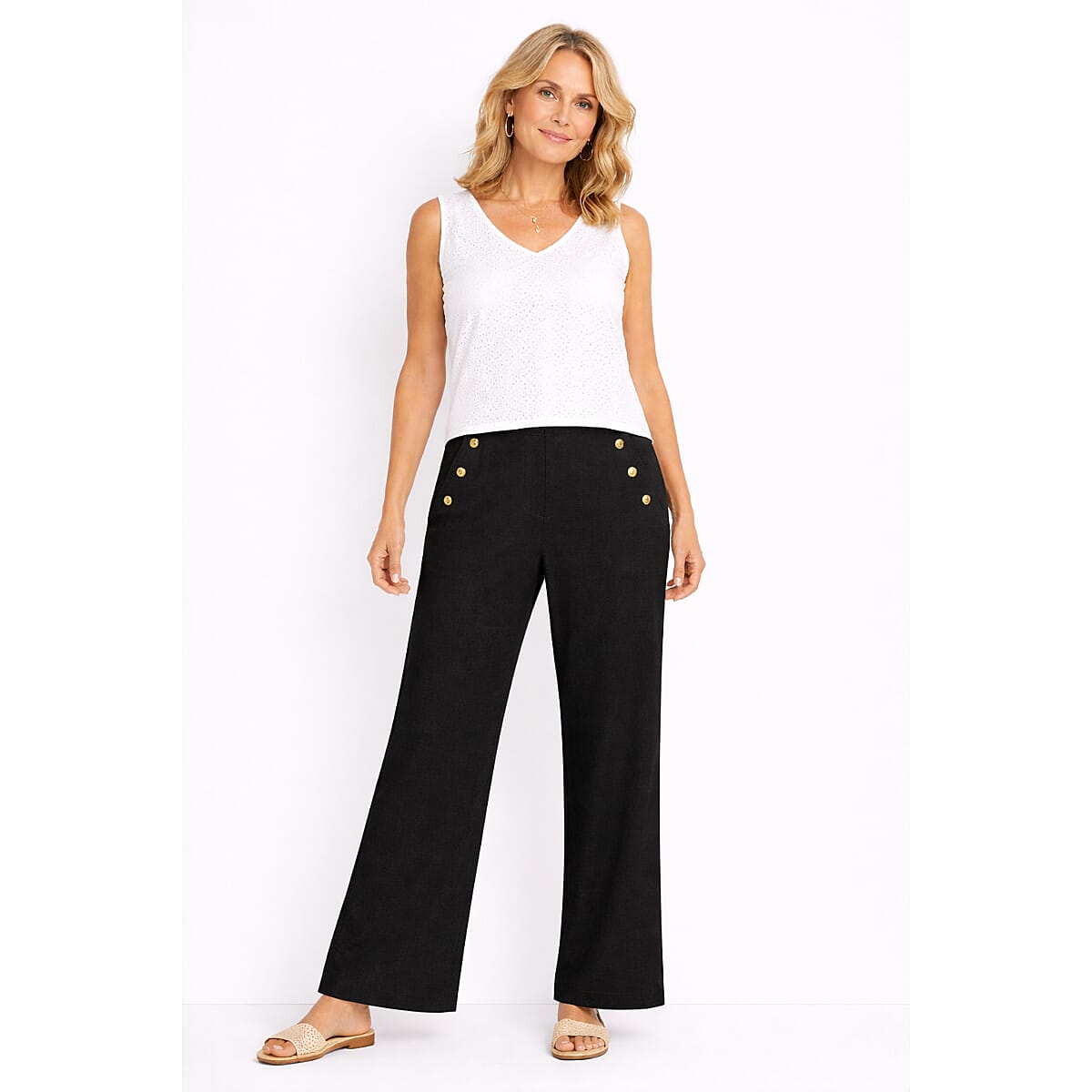 Anonymous Wide Leg Trouser With Gold Button Detail (Size 16) - Black V32512885 0
