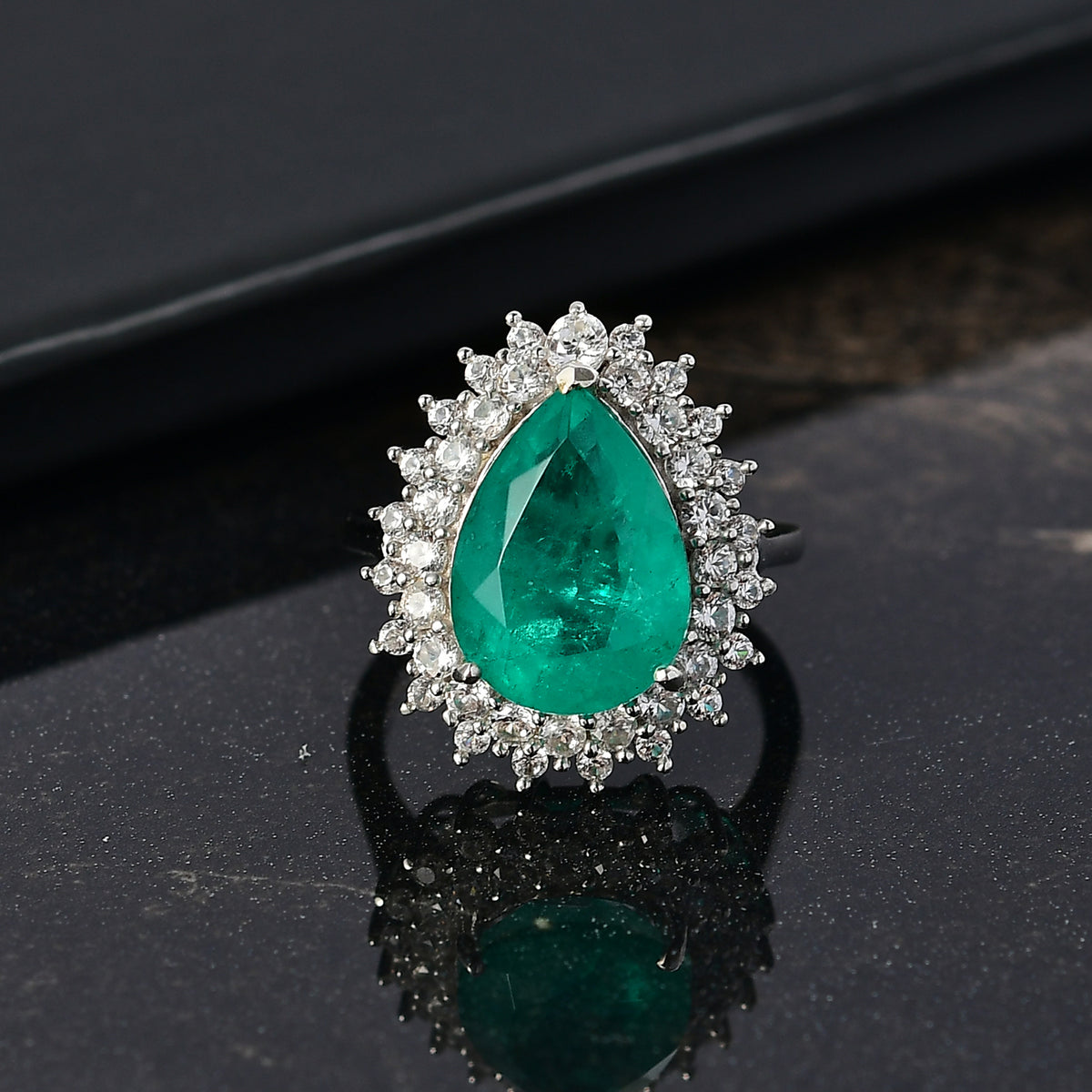 D'Joy Emeraldine Triplet Quartz &amp; White Zircon Halo Ring in Platinum Overlay Sterling Silver 7.61 Ct. V32577370 1