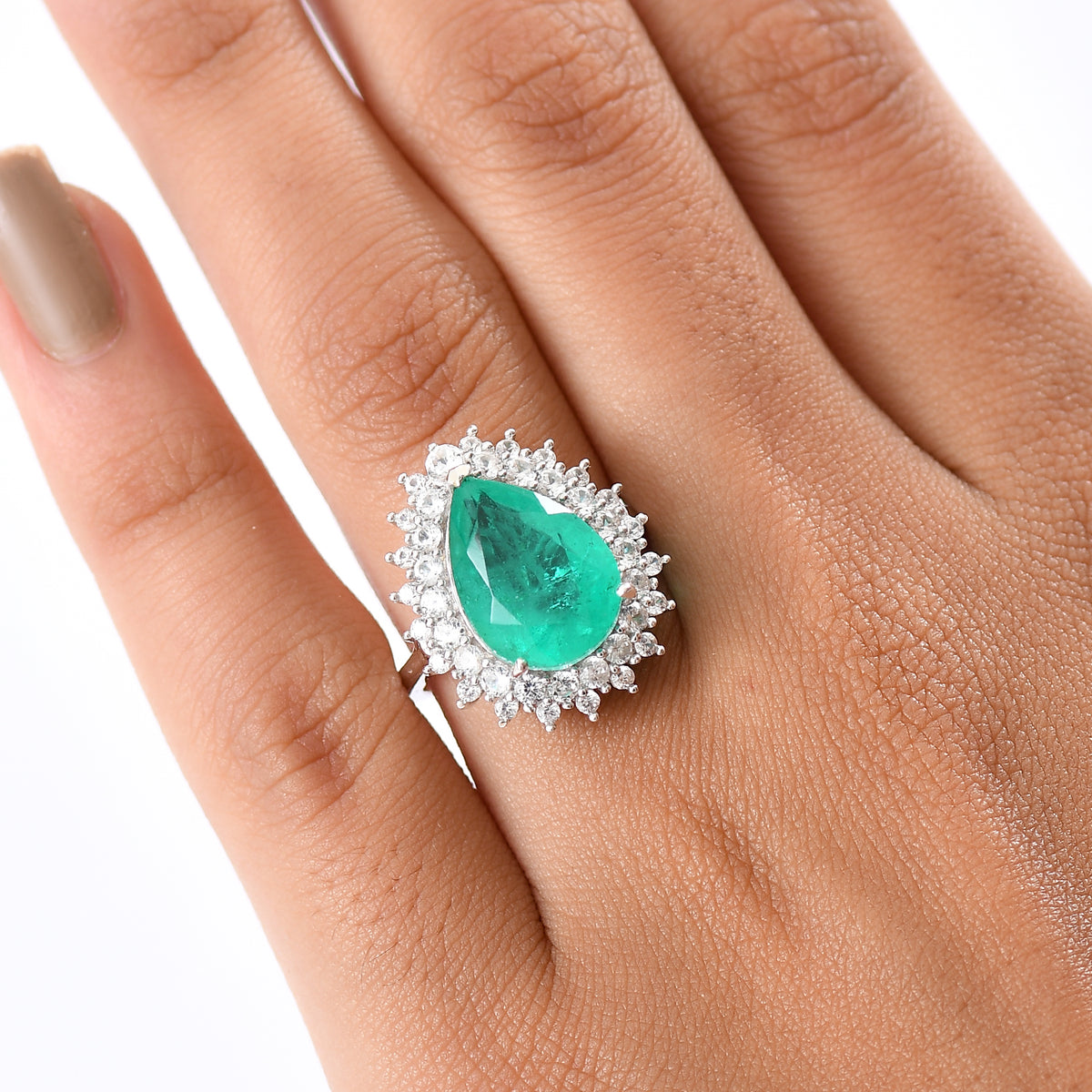 D'Joy Emeraldine Triplet Quartz &amp; White Zircon Halo Ring in Platinum Overlay Sterling Silver 7.61 Ct. V32577370 2